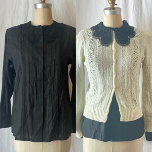 Vintage 80s Black Crochet Collar Pleated Button Up Blouse Size 8